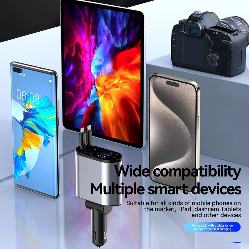 Retractable Car Charger USB Type C Cable For IPhone Samsung